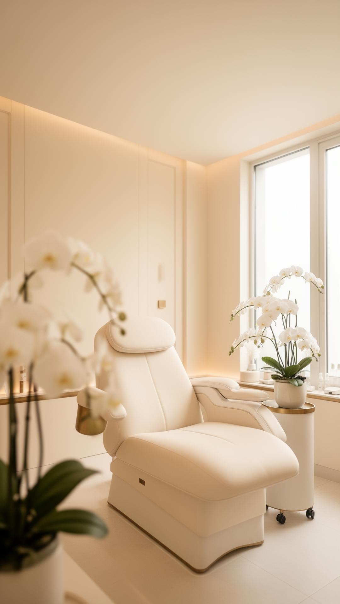 Modern luxury med spa treatment room with soft natural light